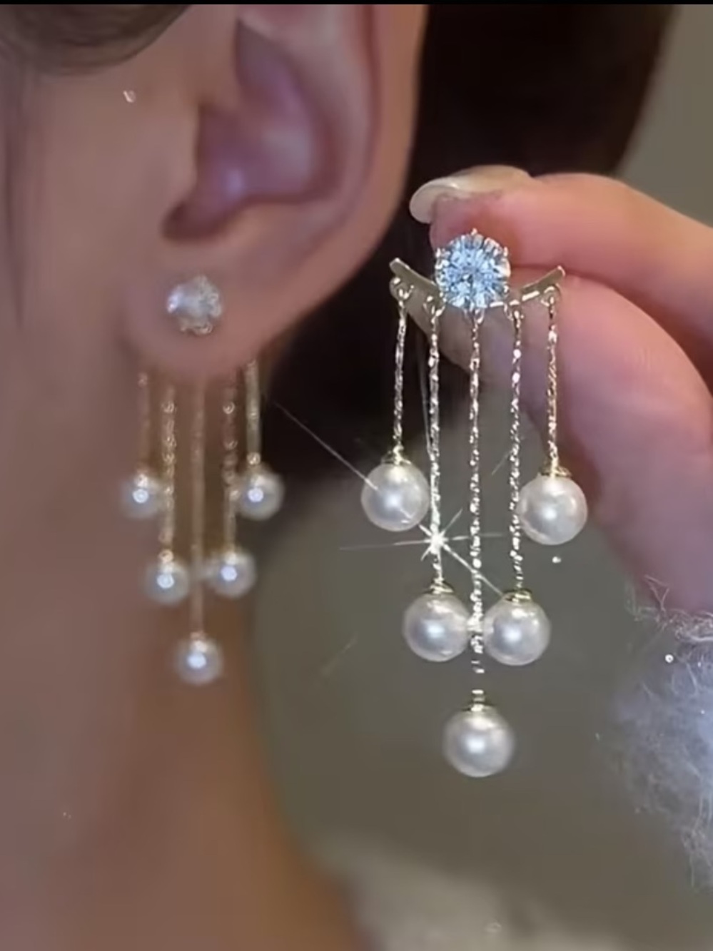Gold Pearl Drop Chandelier Earrings with Crystal Stud
